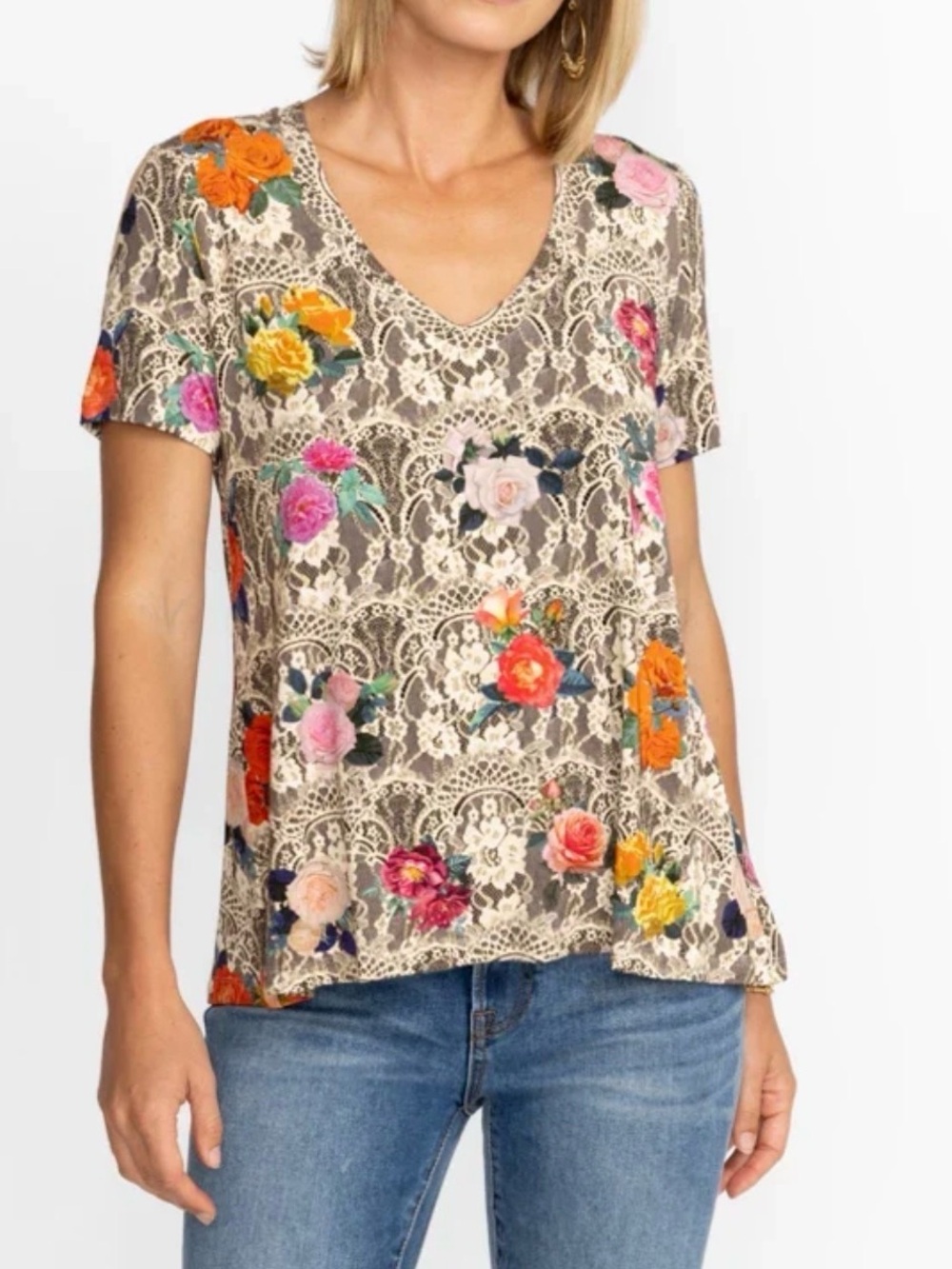 Johnny Was Rose Lace Floral V-Neck Swing Tee Top XS - Picture 3 of 6